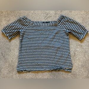 Ralph Lauren Boatneck Off-Shoulder Blue and White Striped Cotton/Linen Top